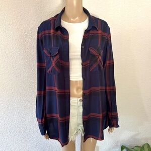 BDG Women’s Navy & Red Plaid Oversized Long Sleeve Flannel Shirt